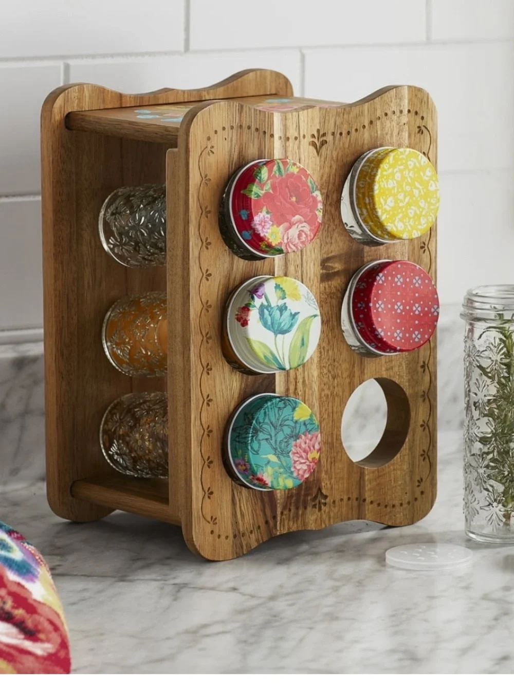 The Pioneer Woman Sweet Rose Acacia Wood Spice Rack with Glass Decorative Jars